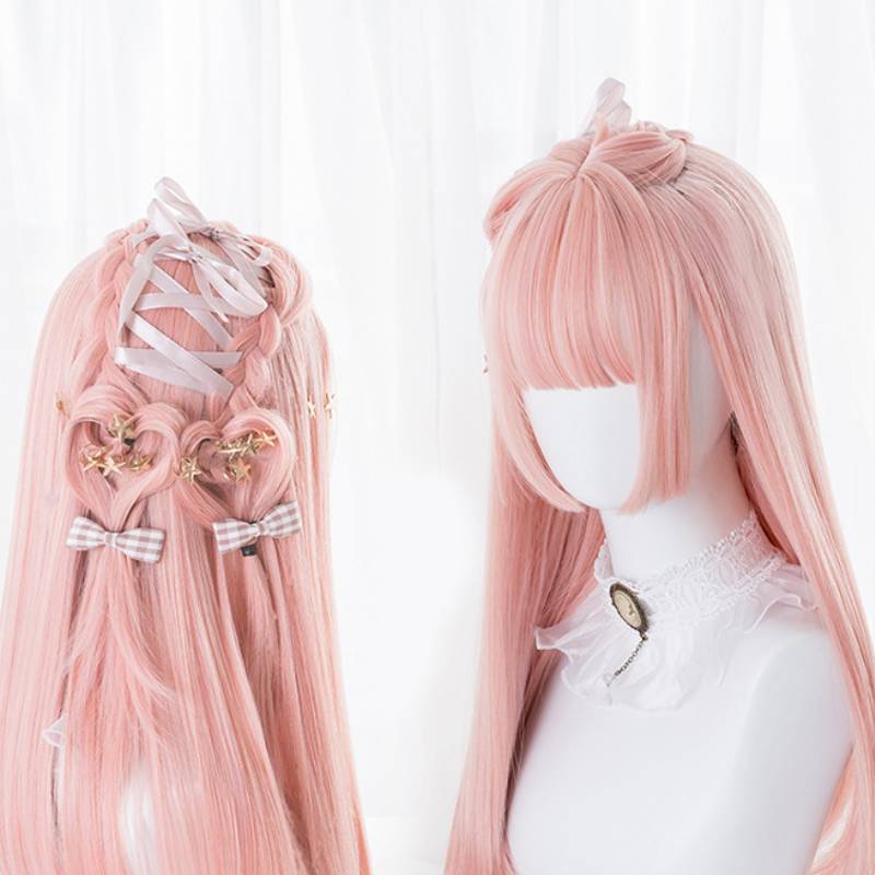 Princess cut long straight hair double ponytail wig