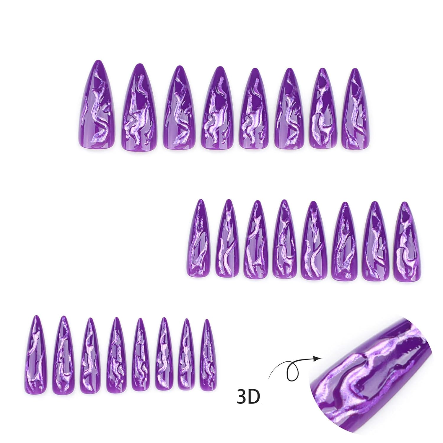 24 PCS Devil's Claws Press On Nails,3D Curve Line Acrylic False Nails, Long Stiletto Glossy Purple Glitter, Gel Glue On Nails Manicure Sparkly Stick Ons